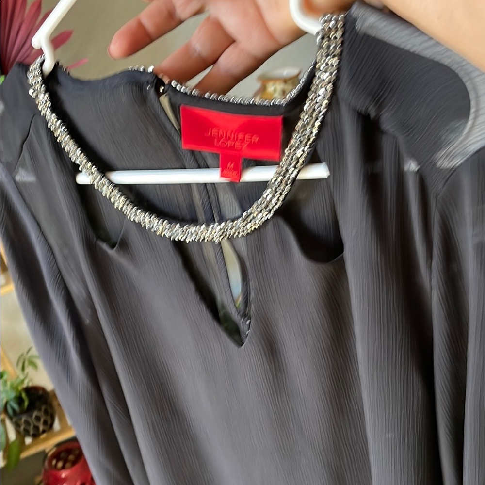 Jennifer Lopez Charcoal Blouse with Metallic Details